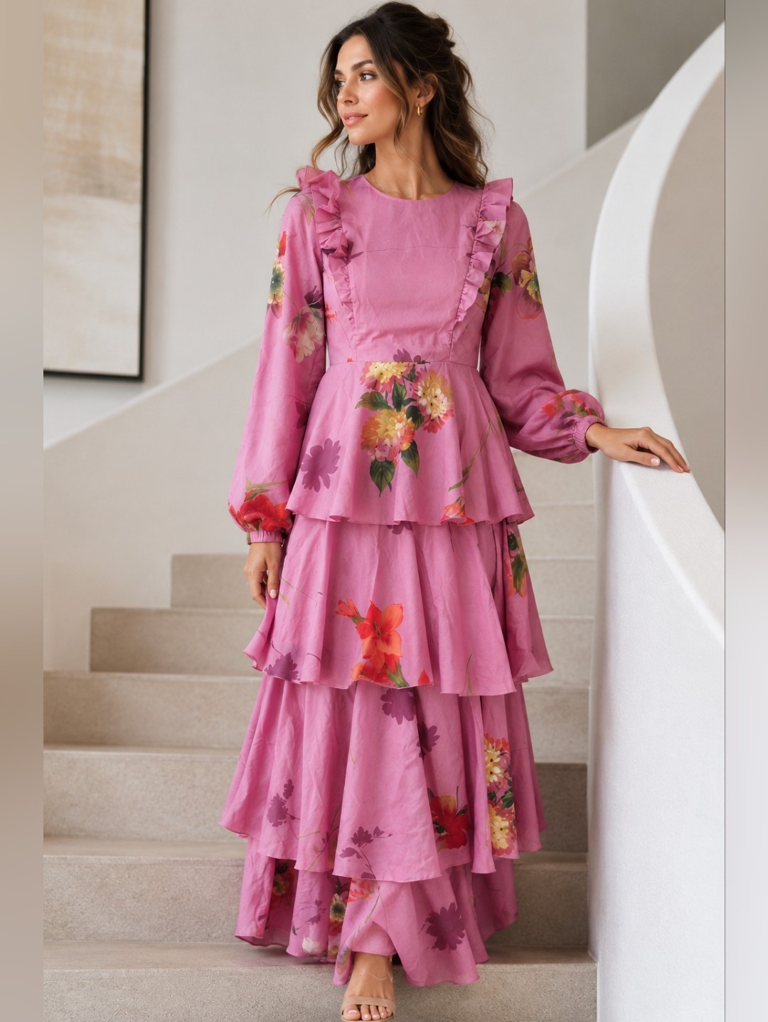 Annah Hariri Pink Floral Tiered Maxi Dress Size 10 Romantic Ruffle Cottagecore